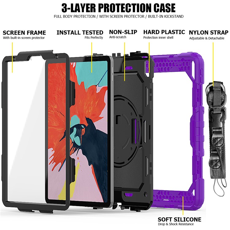 360° Swivel Handy Strap PC Silicone Combo Kickstand Tablet Shell with Shoulder Strap + Screen Protector for iPad Pro 11-inch (2018) - Purple Outer Layer/Black-3