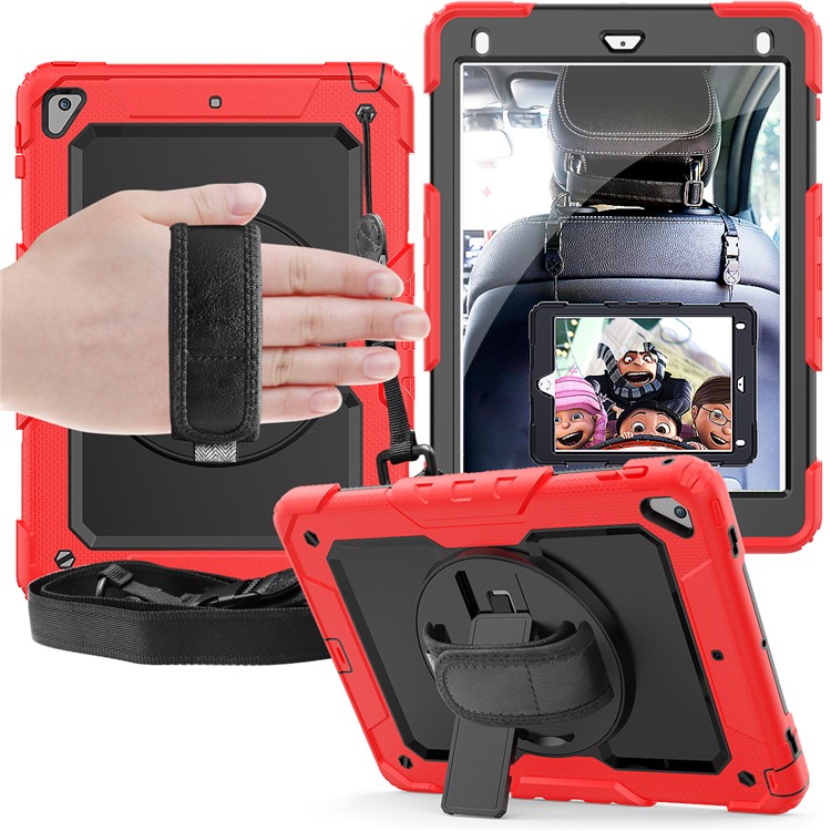 360° Swivel Handy Strap PC Silicone Combo Kickstand Tablet Shell with Shoulder Strap + Screen Protector for iPad 9.7-inch (2018)/(2017) / Air 2 / Pro 9.7 inch (2016) - Red Outer Layer/Black-1