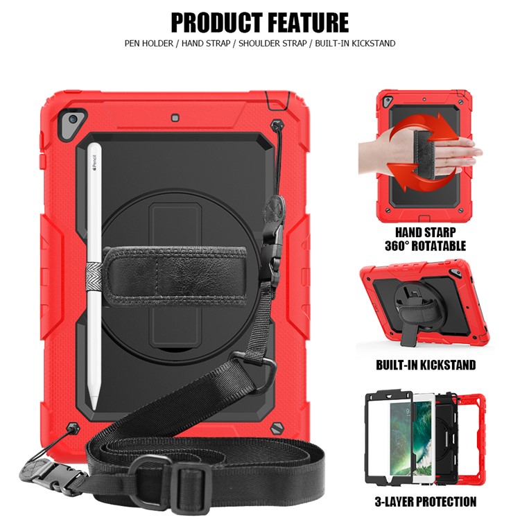 360° Swivel Handy Strap PC Silicone Combo Kickstand Tablet Shell with Shoulder Strap + Screen Protector for iPad 9.7-inch (2018)/(2017) / Air 2 / Pro 9.7 inch (2016) - Red Outer Layer/Black-2