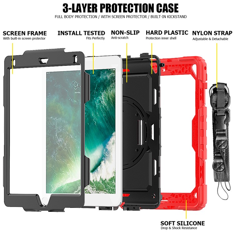 360° Swivel Handy Strap PC Silicone Combo Kickstand Tablet Shell with Shoulder Strap + Screen Protector for iPad 9.7-inch (2018)/(2017) / Air 2 / Pro 9.7 inch (2016) - Red Outer Layer/Black-3