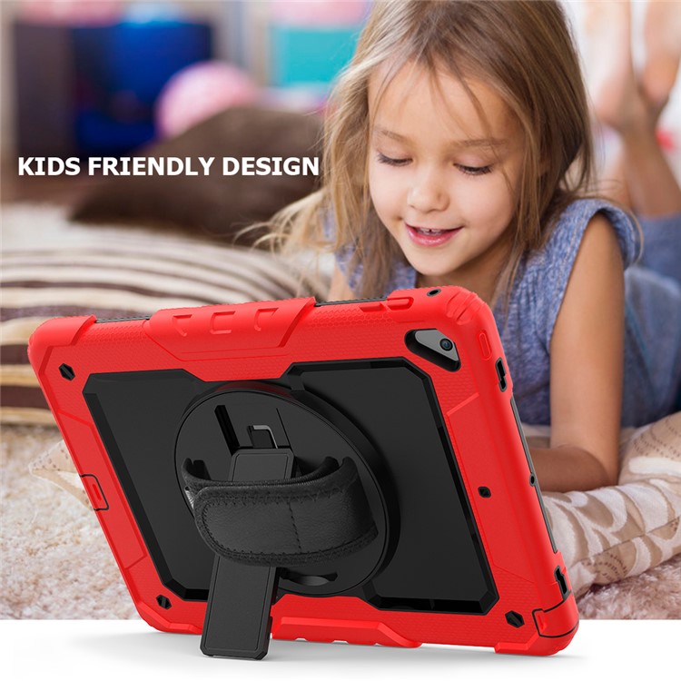 360° Swivel Handy Strap PC Silicone Combo Kickstand Tablet Shell with Shoulder Strap + Screen Protector for iPad 9.7-inch (2018)/(2017) / Air 2 / Pro 9.7 inch (2016) - Red Outer Layer/Black-4