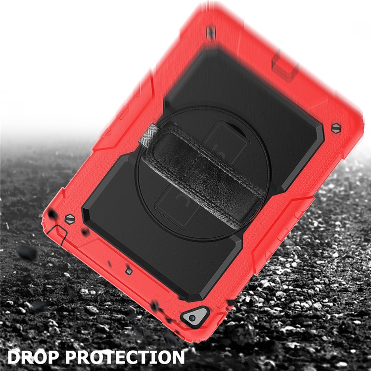 360° Swivel Handy Strap PC Silicone Combo Kickstand Tablet Shell with Shoulder Strap + Screen Protector for iPad 9.7-inch (2018)/(2017) / Air 2 / Pro 9.7 inch (2016) - Red Outer Layer/Black-5