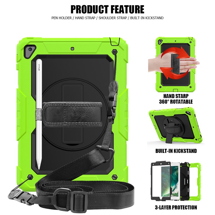 360° Swivel Handy Strap PC Silicone Combo Kickstand Tablet Shell with Shoulder Strap + Screen Protector for iPad 9.7-inch (2018)/(2017) / Air 2 / Pro 9.7 inch (2016) - Green Outer Layer/Black-2