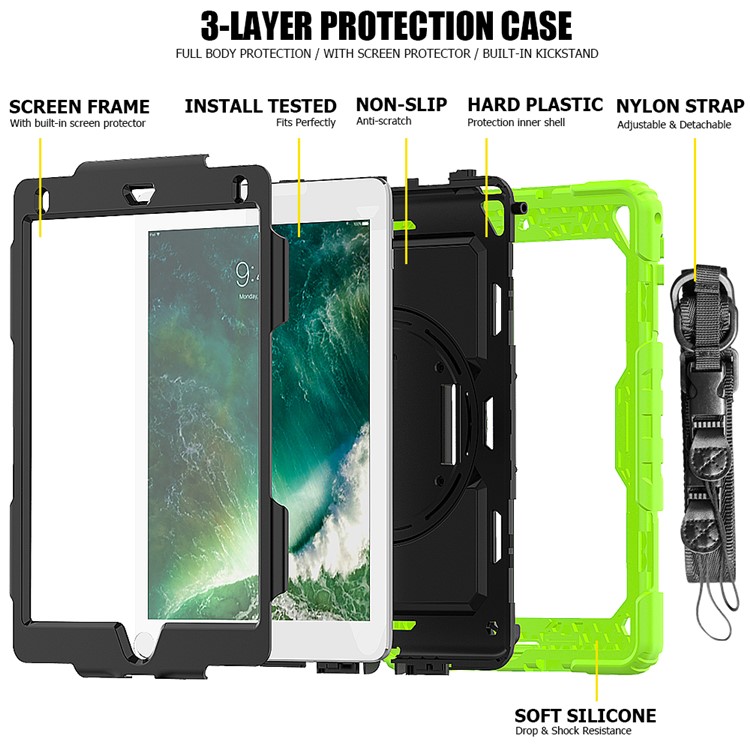 360° Swivel Handy Strap PC Silicone Combo Kickstand Tablet Shell with Shoulder Strap + Screen Protector for iPad 9.7-inch (2018)/(2017) / Air 2 / Pro 9.7 inch (2016) - Green Outer Layer/Black-3