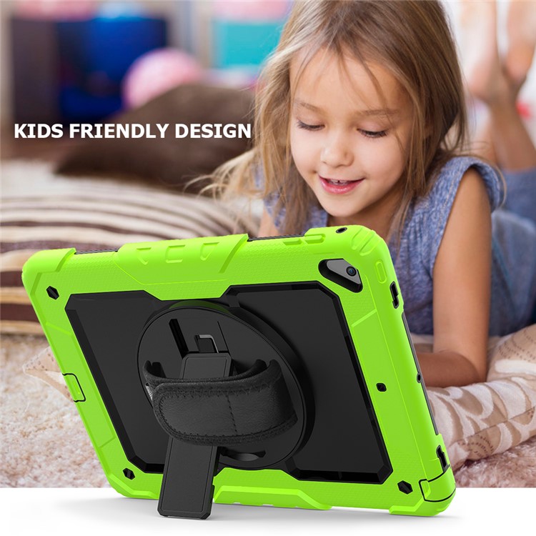 360° Swivel Handy Strap PC Silicone Combo Kickstand Tablet Shell with Shoulder Strap + Screen Protector for iPad 9.7-inch (2018)/(2017) / Air 2 / Pro 9.7 inch (2016) - Green Outer Layer/Black-4