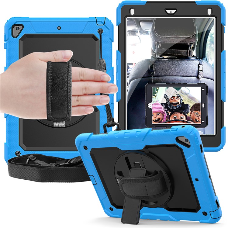 360° Swivel Handy Strap PC Silicone Combo Kickstand Tablet Shell with Shoulder Strap + Screen Protector for iPad 9.7-inch (2018)/(2017) / Air 2 / Pro 9.7 inch (2016) - Baby Blue Outer Layer/Black-1