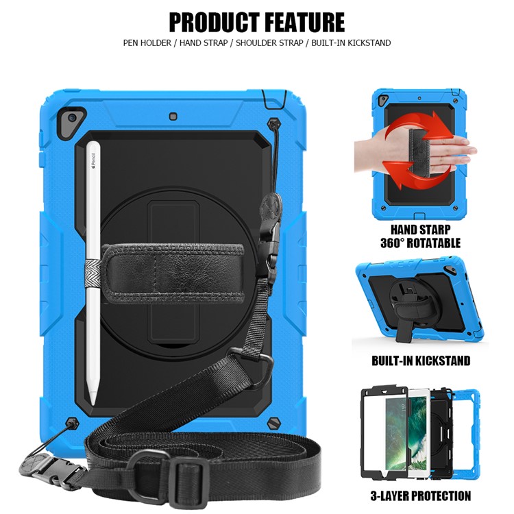 Pour IPad 9,7 Pouces (2018) / (2017) / AIR 2 / IPad Pro 9,7 Pouces (2016) 360 ° Swivel Swivel Strap Handy Kickstand Coque PC Silicone Couvercle Avec Bandoulière - Couche Extérieure Bleue Bébé / Noir-2