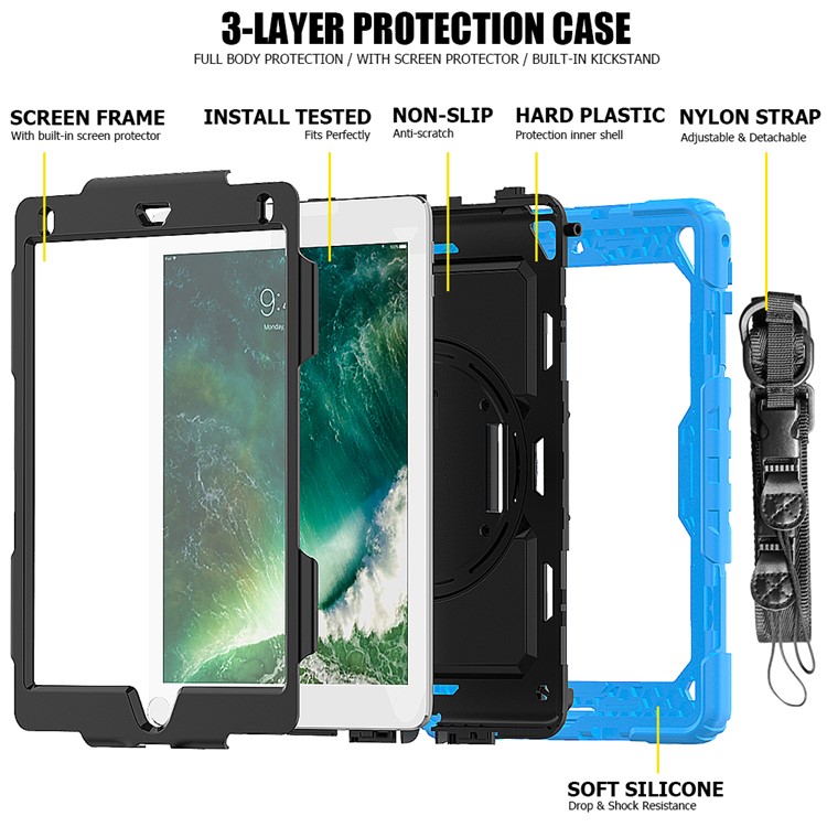 360° Swivel Handy Strap PC Silicone Combo Kickstand Tablet Shell with Shoulder Strap + Screen Protector for iPad 9.7-inch (2018)/(2017) / Air 2 / Pro 9.7 inch (2016) - Baby Blue Outer Layer/Black-3