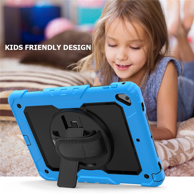 360° Swivel Handy Strap PC Silicone Combo Kickstand Tablet Shell with Shoulder Strap + Screen Protector for iPad 9.7-inch (2018)/(2017) / Air 2 / Pro 9.7 inch (2016) - Baby Blue Outer Layer/Black-4