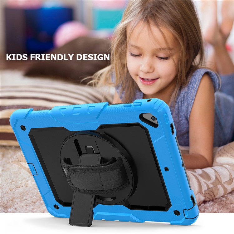 Pour IPad 9,7 Pouces (2018) / (2017) / AIR 2 / IPad Pro 9,7 Pouces (2016) 360 ° Swivel Swivel Strap Handy Kickstand Coque PC Silicone Couvercle Avec Bandoulière - Couche Extérieure Bleue Bébé / Noir-4