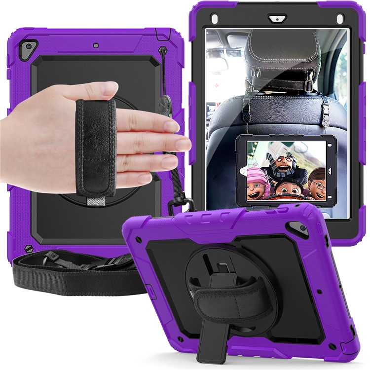 360° Swivel Handy Strap PC Silicone Combo Kickstand Tablet Shell with Shoulder Strap + Screen Protector for iPad 9.7-inch (2018)/(2017) / Air 2 / Pro 9.7 inch (2016) - Purple Outer Layer/Black-1