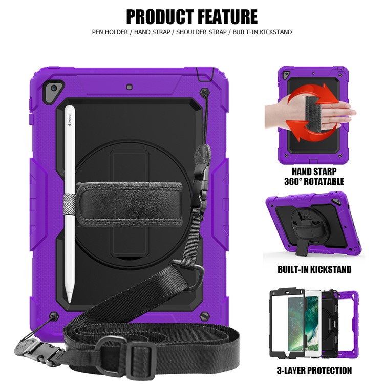 360° Swivel Handy Strap PC Silicone Combo Kickstand Tablet Shell with Shoulder Strap + Screen Protector for iPad 9.7-inch (2018)/(2017) / Air 2 / Pro 9.7 inch (2016) - Purple Outer Layer/Black-2