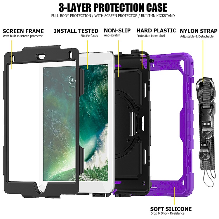 360° Swivel Handy Strap PC Silicone Combo Kickstand Tablet Shell with Shoulder Strap + Screen Protector for iPad 9.7-inch (2018)/(2017) / Air 2 / Pro 9.7 inch (2016) - Purple Outer Layer/Black-3