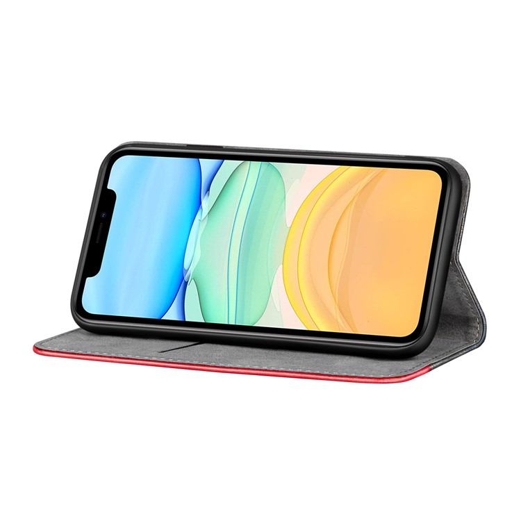Auto-absorbed Business Style Bi-color Leather Cover Stand Case with Card Slot for iPhone 11 6.1-inch - Red-6