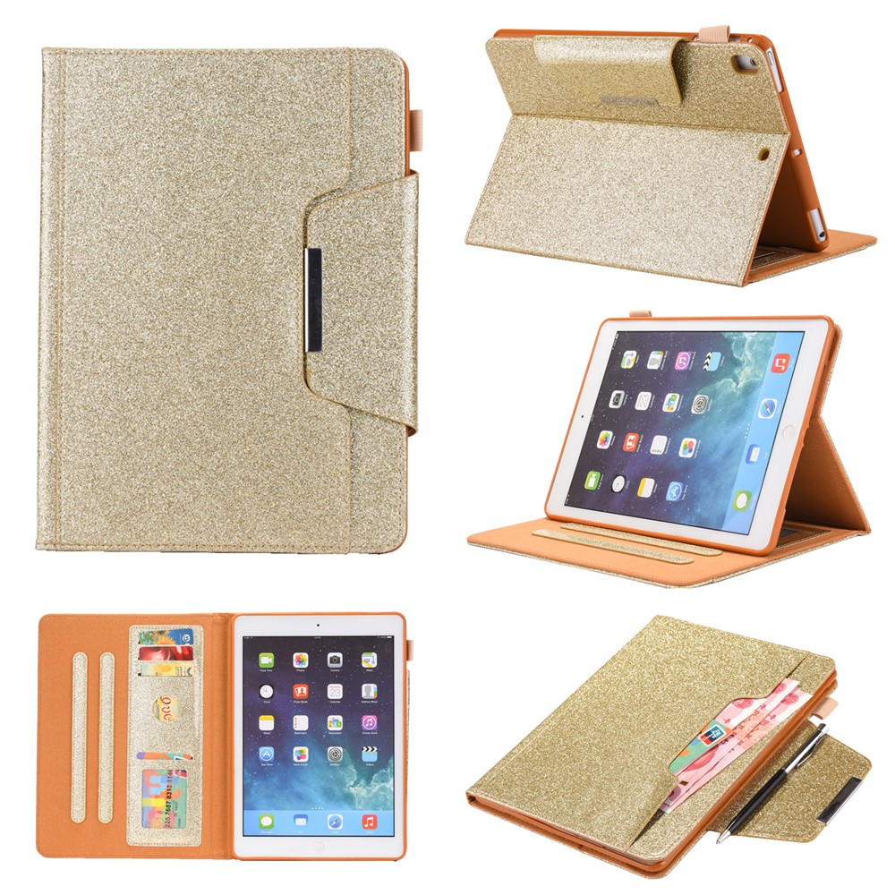 Metal Buckle Flash Powder Wallet Stand Leather Stand Cover for iPad 10.2 (2021)/(2020)/(2019)/Pro 10.5-inch (2017)/Air 10.5 inch (2019) - Gold