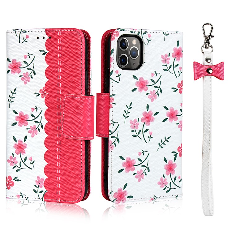 Flower Pattern Wallet Stand Flip Leather Phone Case with Bowknot Lanyard for iPhone 11 Pro Max 6.5 inch (2019) - Red-1