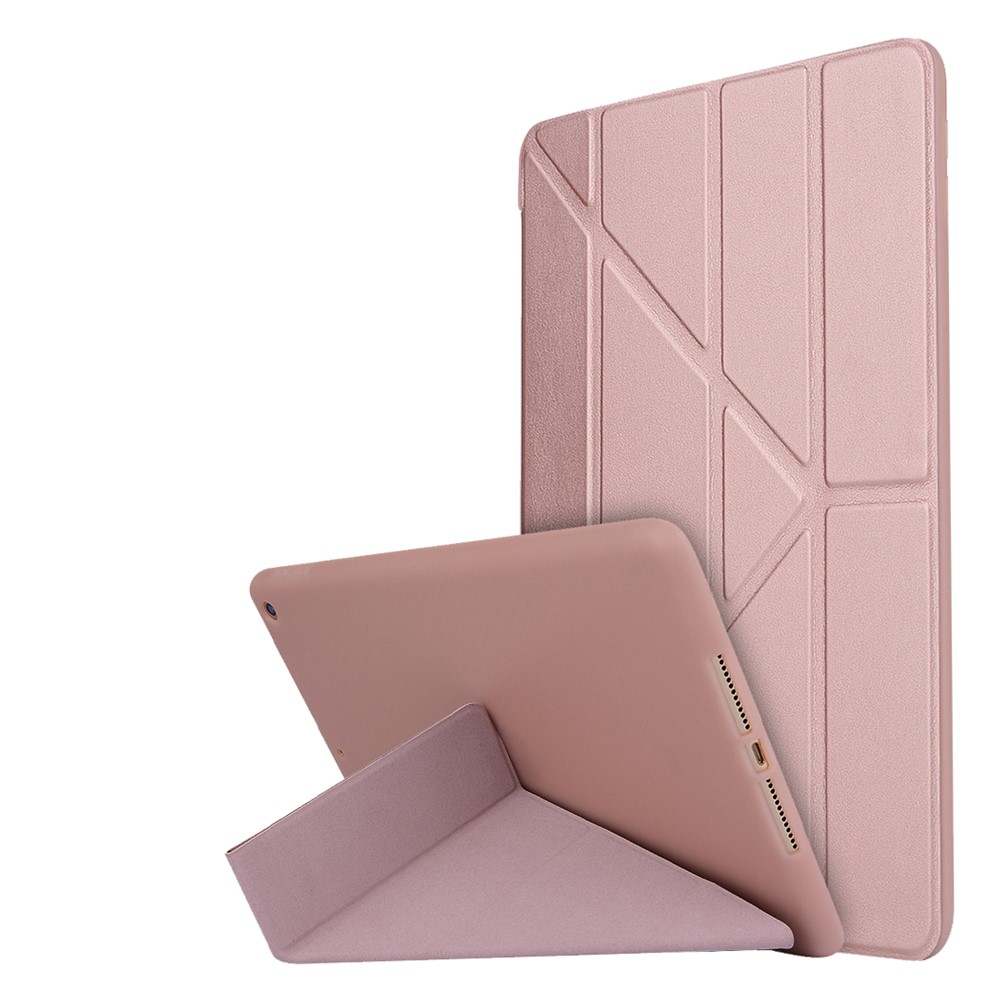For iPad 10.2 (2021)/(2020)/(2019) Protective Cover Folding Deformed Silicone + PU Leather Stand Tablet Case - Rose Gold