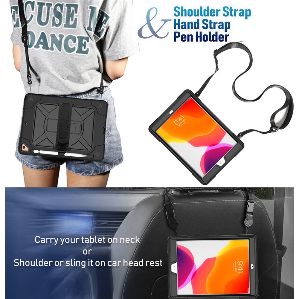 360° Swivel Handy Strap PC Silicone Kickstand Tablet Case with Shoulder Strap for Apple iPad 10.2 (2020) (2019) - Black-3