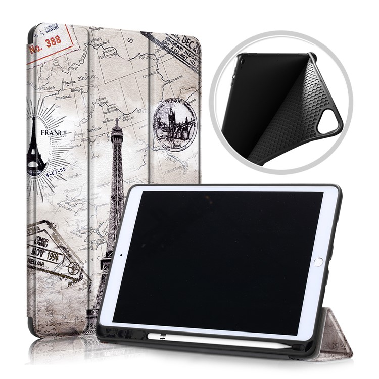 Patterned Printing Leather Tri-fold Stand Smart Tablet Casing with Pen Slot for Apple iPad 10.2 (2019) - Tower-1