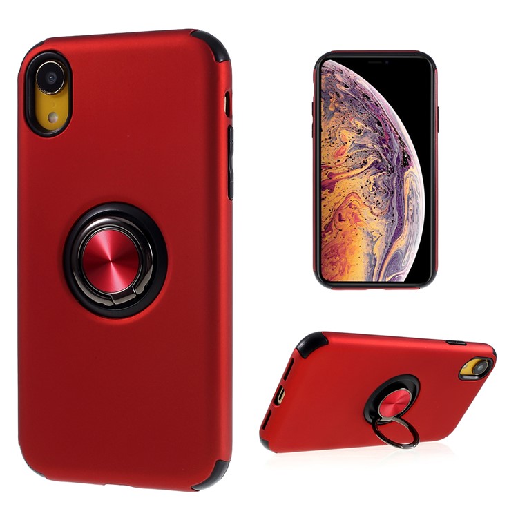 Finger Ring Kickstand PC + TPU Phone Case with Magnetic Metal Sheet for iPhone XR 6.1-inch - Red-1