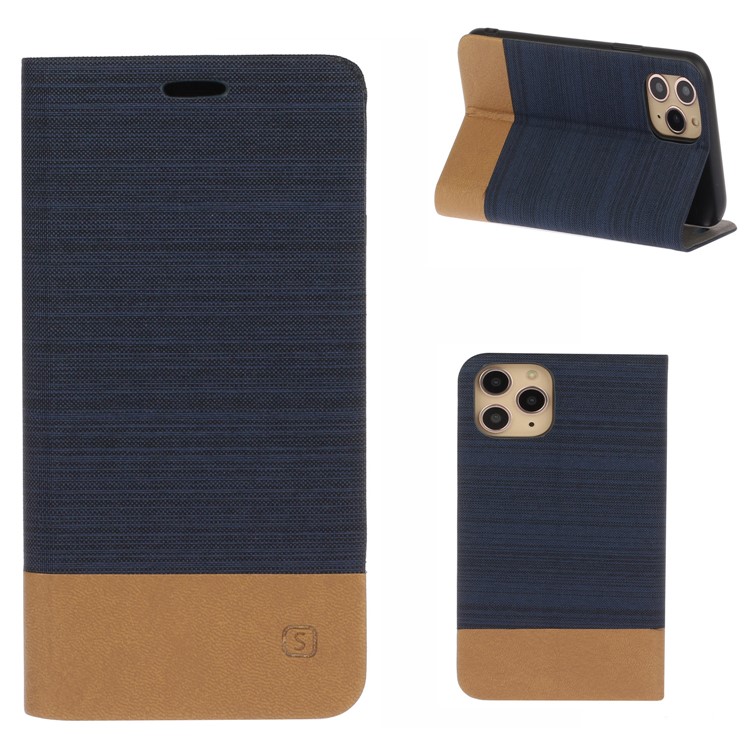 Bi-color Canvas Leather Card Holder Case with Stand Cover for iPhone 11 Pro 5.8-inch - Dark Blue-1