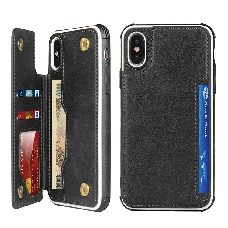 Proteção Do PC Do Couro + PU Caixa Do Telefone Com Slots De Cartão Para Iphone XS / iphone X - Preto-1