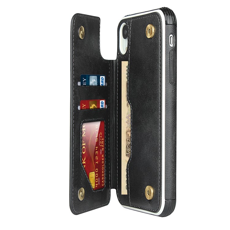 Caso De Telefone Titulares De Cartão De Couro PU + Proteção Do PC Para O IPhone XR 6.1 Polegadas - Preto-10