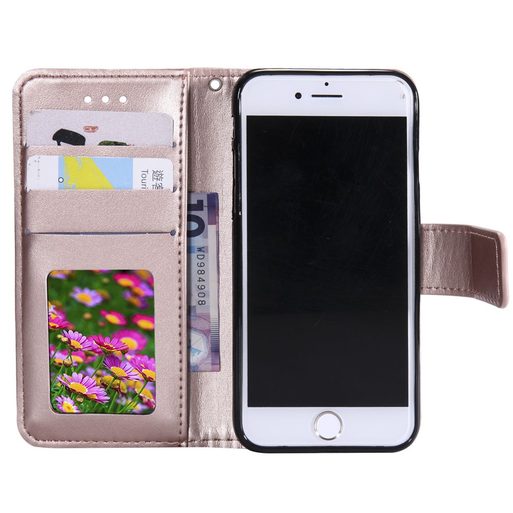 caixa de telefone com carteira de couro de flores com impressão com suporte para iphone 7 4,7 polegadas/8 4,7 polegadas/se (2020)/se (2022) - rosa ouro