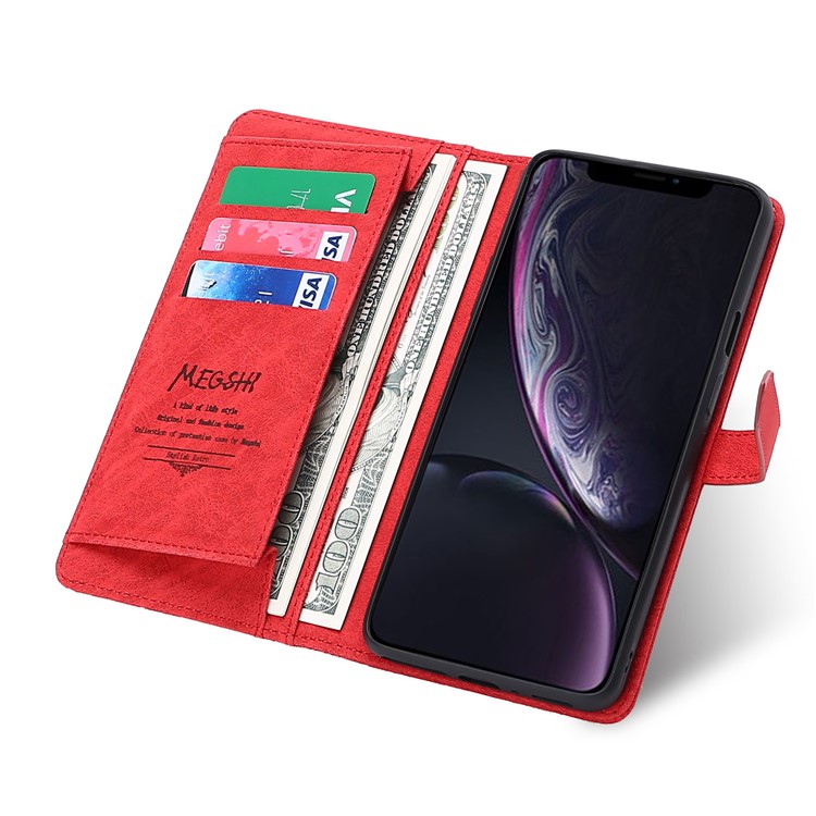 MEGSHI PC+ PU Leather + TPU Wallet Flip Business Case with Strap for iPhone 11 Pro Max 6.5 inch (2019) - Red-11