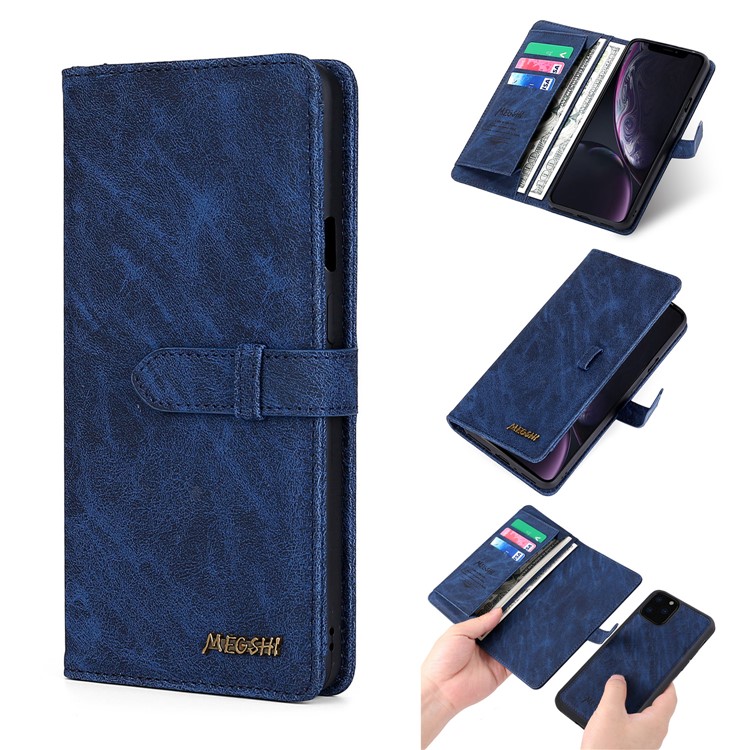 MEGSHI PC + PU Cuir + Porte-monnaie TPU Flip Cas D'affaires Avec Sangle Pour IPhone 11 Pro Max 6,5 Pouces (2019) - Bleu-1