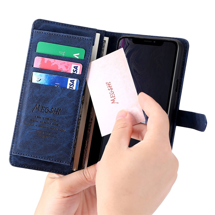 MEGSHI PC + PU Cuir + Porte-monnaie TPU Flip Cas D'affaires Avec Sangle Pour IPhone 11 Pro Max 6,5 Pouces (2019) - Bleu-13