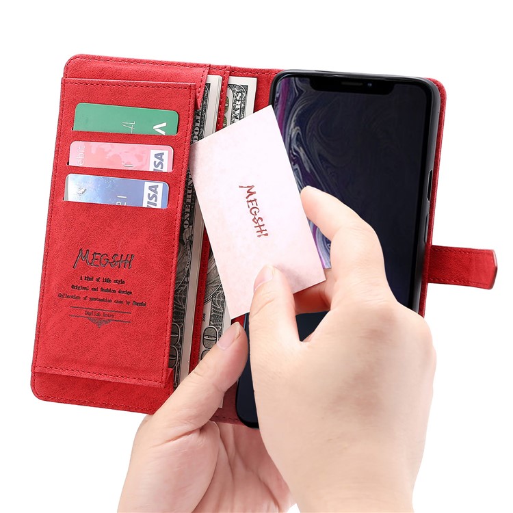 MEGSHI PC+ PU Leather + TPU Wallet Flip Business Shell with Strap for iPhone 11 Pro 5.8 inch (2019) - Red-13