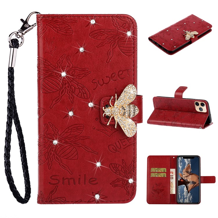 Bee Pattern Rhinestone Decor Leather Wallet Phone Case for Apple iPhone 11 Pro Max 6.5 inch - Red-1