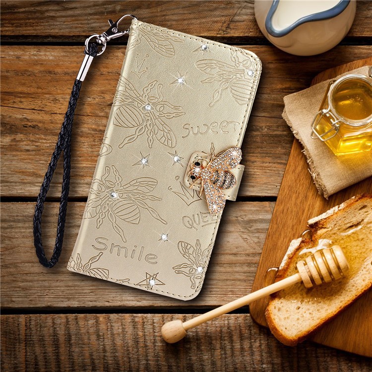 Bee Pattern Rhinestone Decor Leather Wallet Phone Case for Apple iPhone 11 Pro Max 6.5 inch - Gold-9
