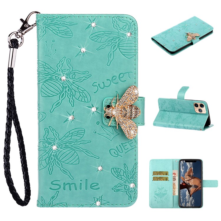 Bee Pattern Rhinestone Decor Leather Wallet Phone Case for Apple iPhone 11 Pro Max 6.5 inch - Cyan-1