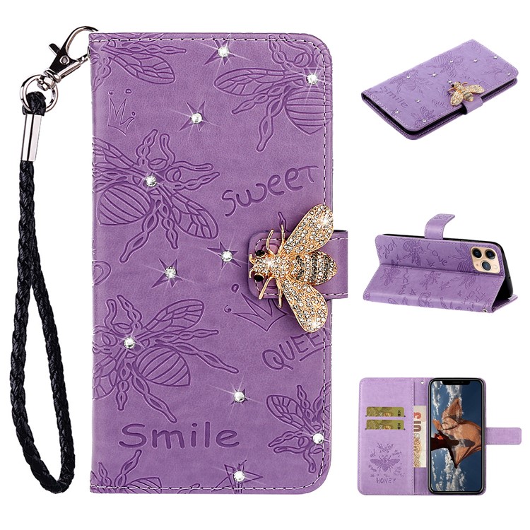 Bee Pattern Rhinestone Decor Leather Wallet Phone Case for Apple iPhone 11 Pro Max 6.5 inch - Purple-1