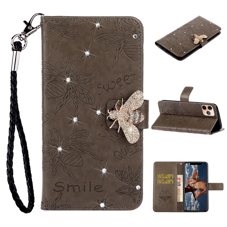 Bee Pattern Rhinestone Decor Leather Wallet Phone Case for Apple iPhone 11 Pro Max 6.5 inch - Brown-1