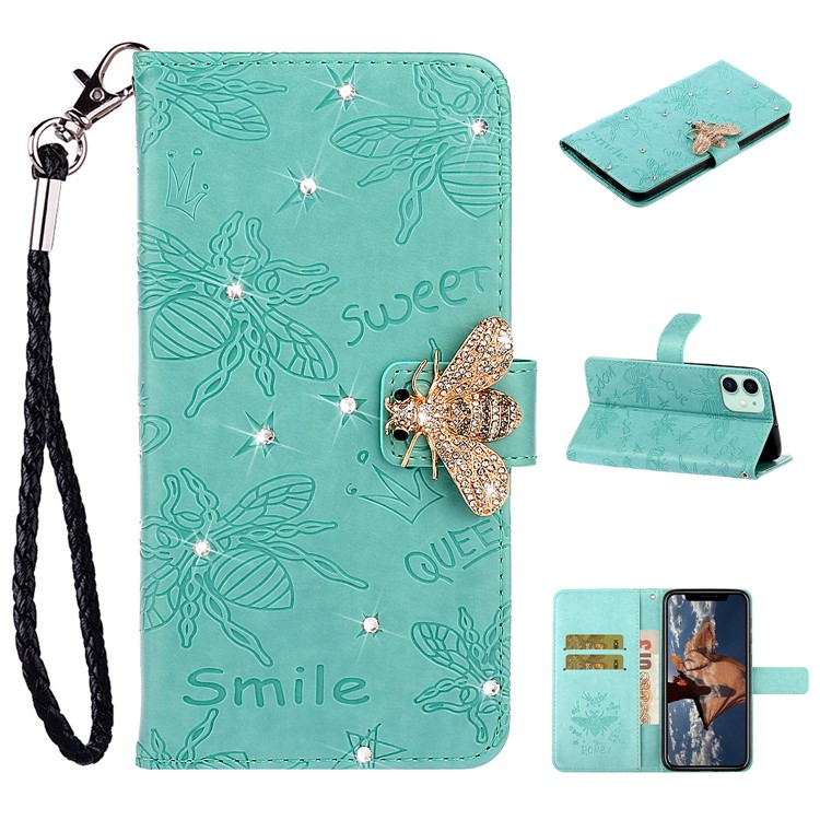 Rhinestone Decor Bee Pattern Imprint Leather Wallet Phone Case for Apple iPhone 11 6.1 inch - Cyan-1