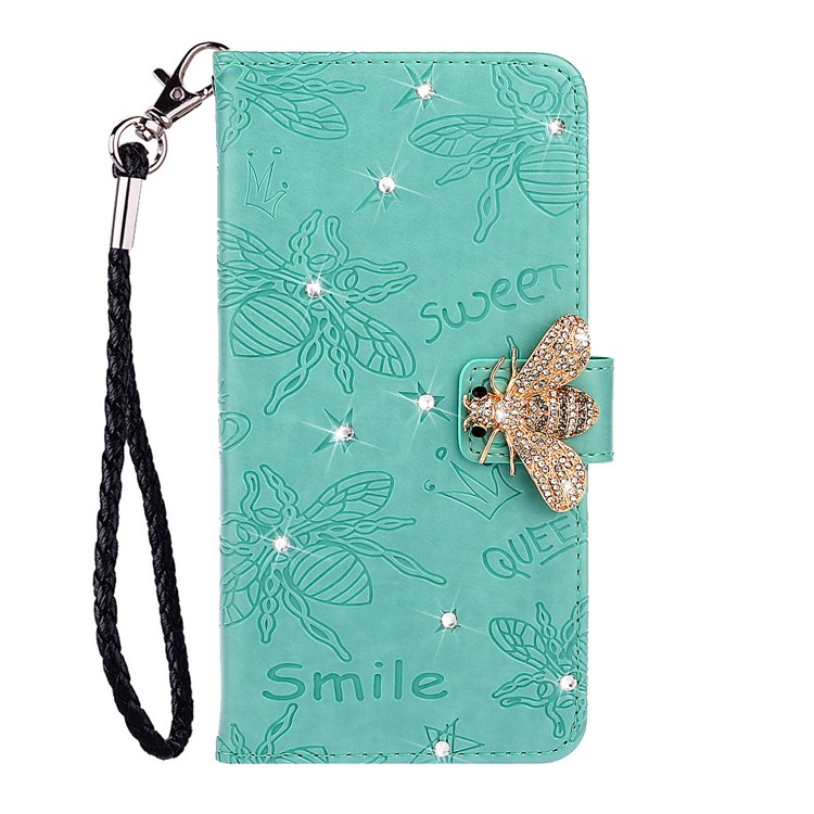 Rhinestone Decor Bee Pattern Imprint Leather Wallet Phone Case for Apple iPhone 11 6.1 inch - Cyan-2