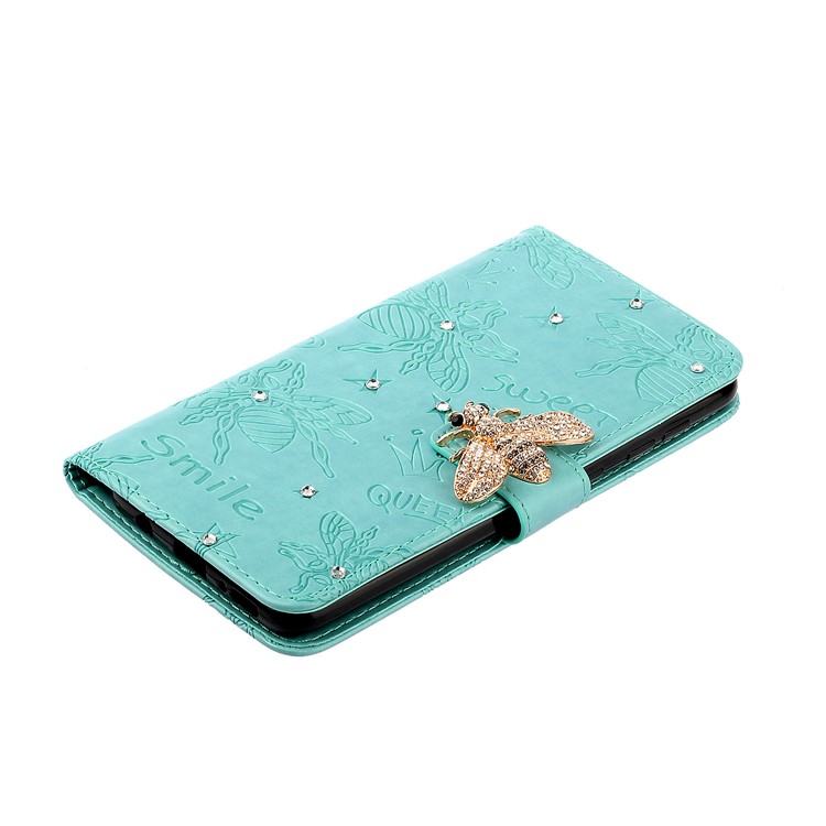 Rhinestone Decor Bee Pattern Imprint Leather Wallet Phone Case for Apple iPhone 11 6.1 inch - Cyan-4