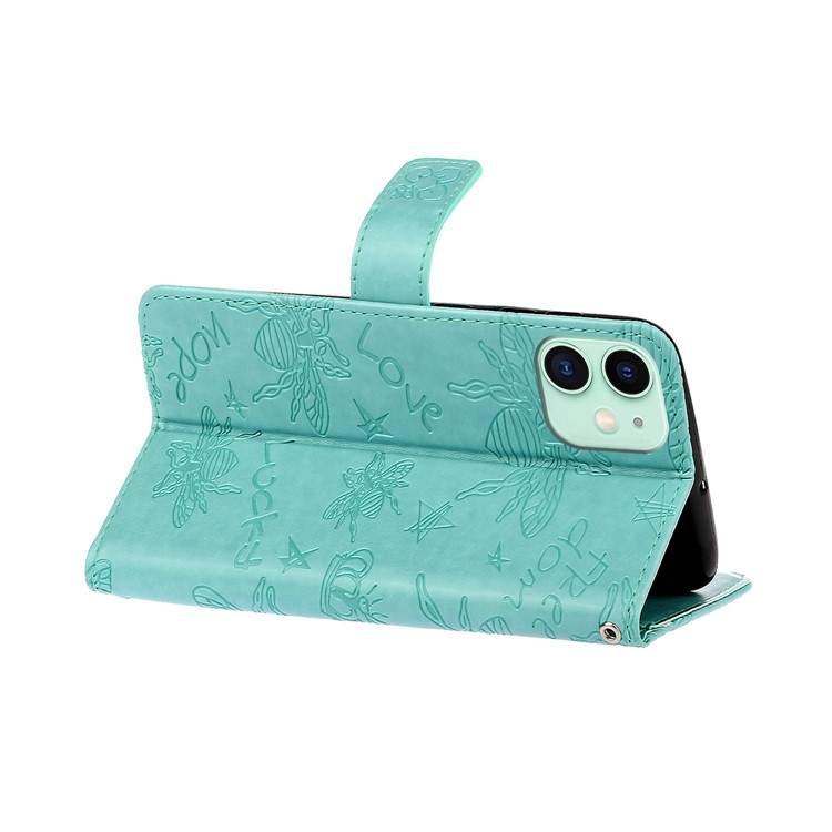 Rhinestone Decor Bee Pattern Imprint Leather Wallet Phone Case for Apple iPhone 11 6.1 inch - Cyan-6