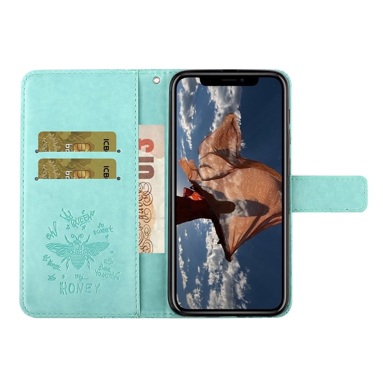 Rhinestone Decor Bee Pattern Imprint Leather Wallet Phone Case for Apple iPhone 11 6.1 inch - Cyan-7