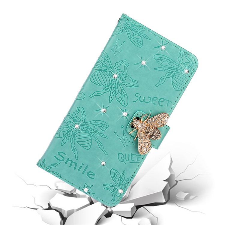 Rhinestone Decor Bee Pattern Imprint Leather Wallet Phone Case for Apple iPhone 11 6.1 inch - Cyan-8