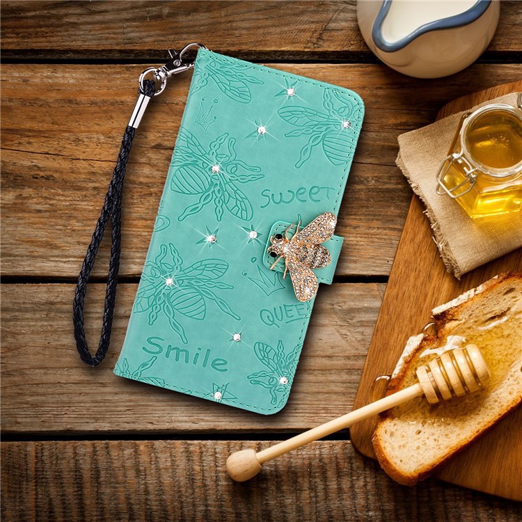 Rhinestone Decor Bee Pattern Imprint Leather Wallet Phone Case for Apple iPhone 11 6.1 inch - Cyan-9