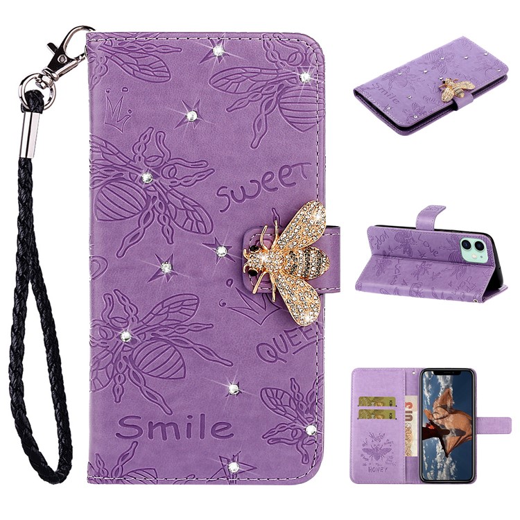 Rhinestone Decor Bee Pattern Imprint Leather Wallet Phone Case for Apple iPhone 11 6.1 inch - Purple-1