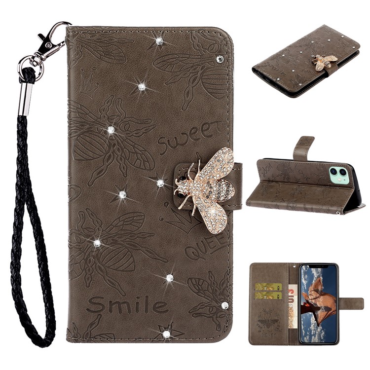 Rhinestone Decor Bee Pattern Imprint Leather Wallet Phone Case for Apple iPhone 11 6.1 inch - Brown-1