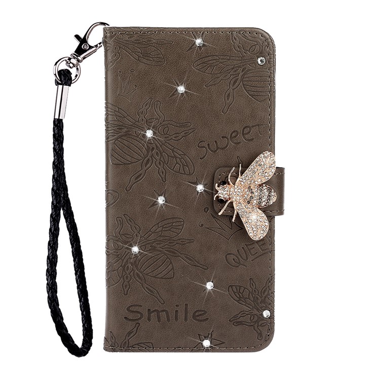 Rhinestone Decor Bee Pattern Imprint Leather Wallet Phone Case for Apple iPhone 11 6.1 inch - Brown-2