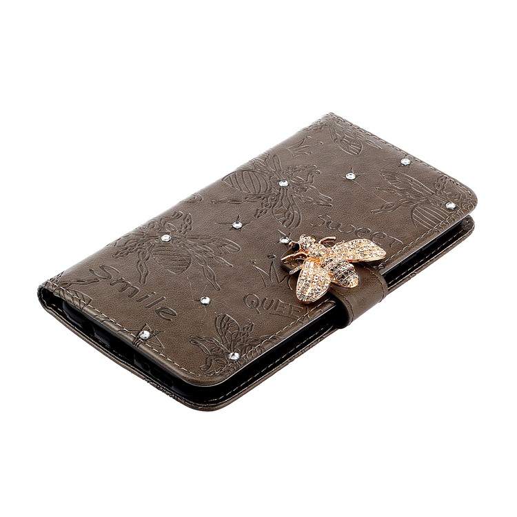 Rhinestone Decor Bee Pattern Imprint Leather Wallet Phone Case for Apple iPhone 11 6.1 inch - Brown-4