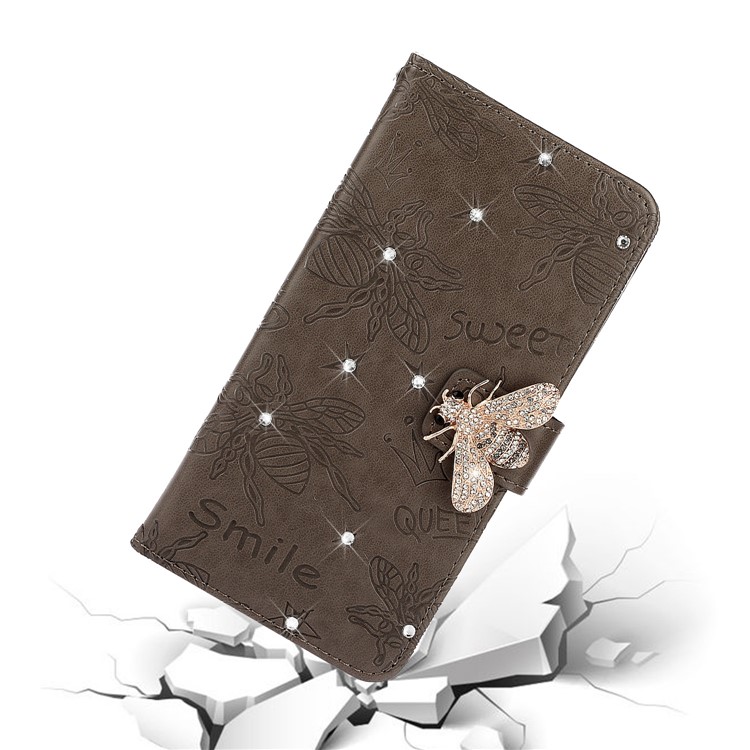 Rhinestone Decor Bee Pattern Imprint Leather Wallet Phone Case for Apple iPhone 11 6.1 inch - Brown-8