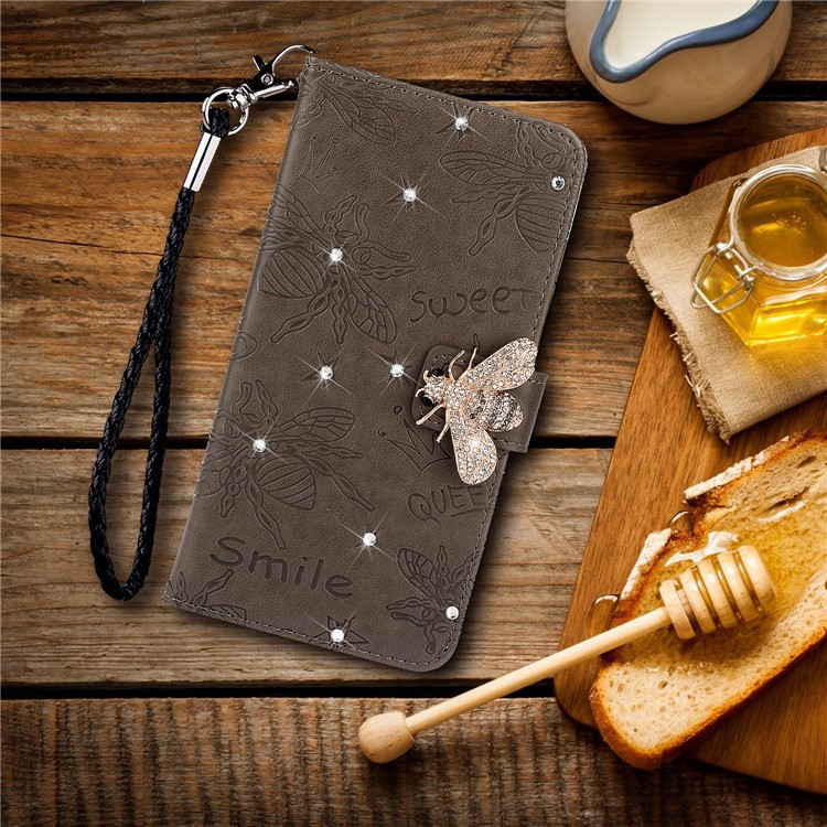 Rhinestone Decor Bee Pattern Imprint Leather Wallet Phone Case for Apple iPhone 11 6.1 inch - Brown-9